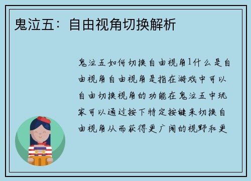 鬼泣五：自由视角切换解析